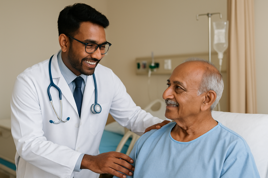 Doctor consulting an elderly patient at a super specialty hospital in Palakkad