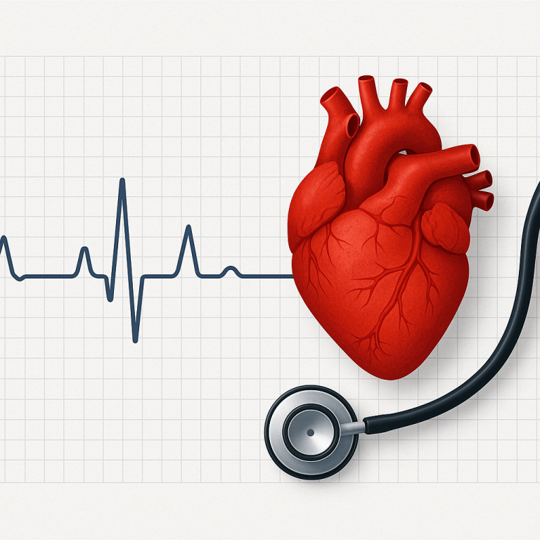 Anatomical heart with stethoscope and ECG graph representing cardiovascular care at the Best Cardiology Hospital in Palakkad