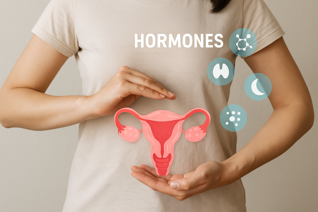 Woman holding a symbolic balance scale with a uterus model, representing hormonal balance and expert care at the Best Gynaecology Hospital in Palakkad