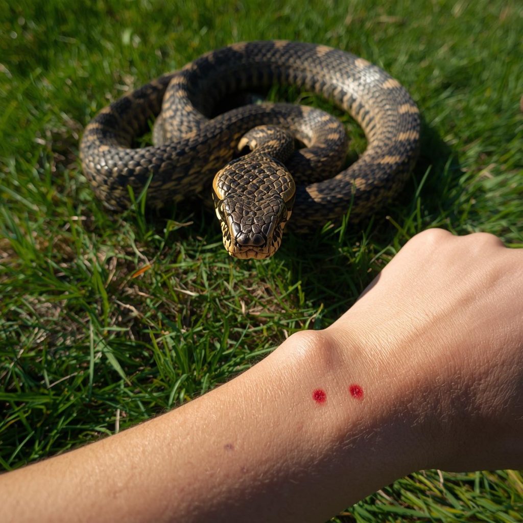 Snake bite on hand with snake nearby – snake bite treatment in Kerala